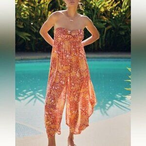 ANTHROPOLOGIE Harem Sleeveless Jumpsuit  Mutil Orange Floral Boho Size XL NEW